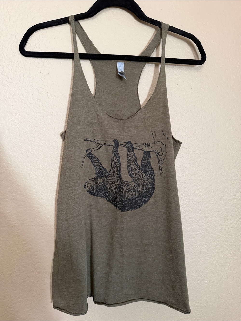 Sloth Graphic Racerback Olive Green Tank Top - Medium